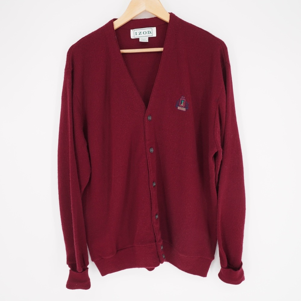 VTG Izod Mens Cardigan Sweater Sz XL Burgundy Grandpa Preppy Logo Made In USA